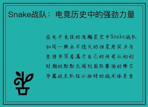 Snake战队：电竞历史中的强劲力量