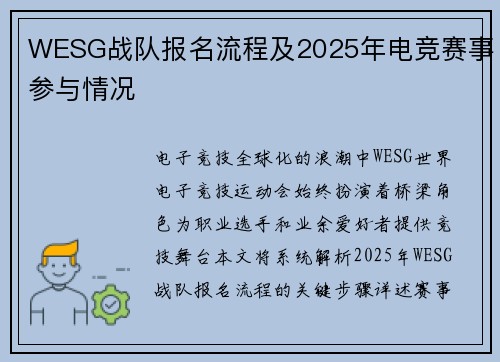 WESG战队报名流程及2025年电竞赛事参与情况